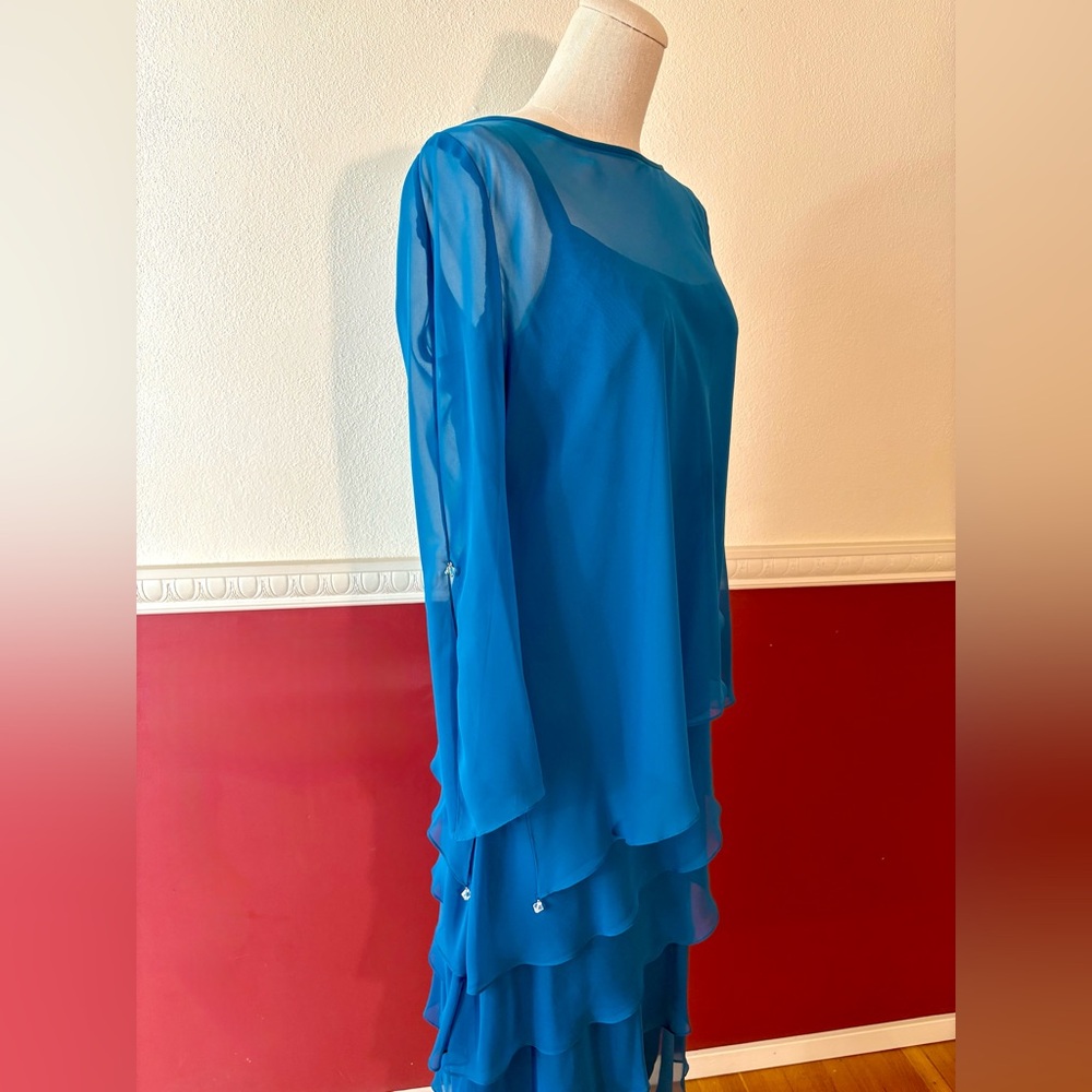 Vintage Cattiva tiered chiffon 2-piece bateau neck dress in teal blue - Picture 3 of 15